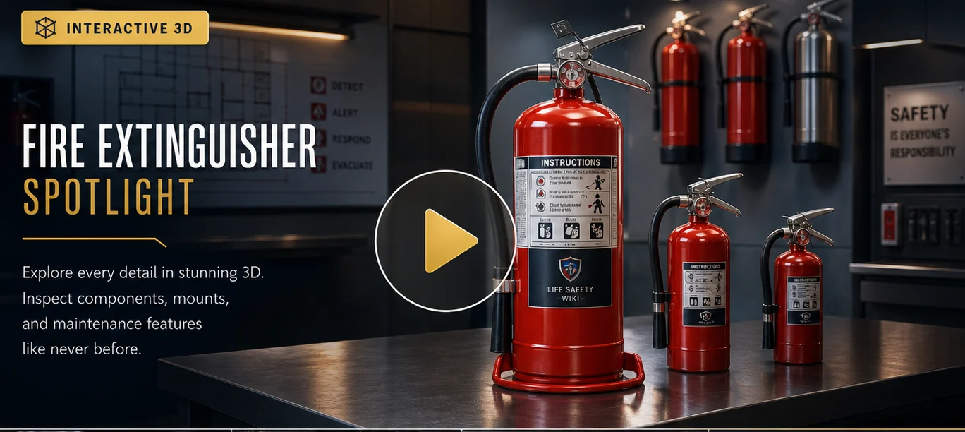 Fire extinguishers on a workbench in a fire-safety inspection bay — preview of the interactive 3D walkthrough